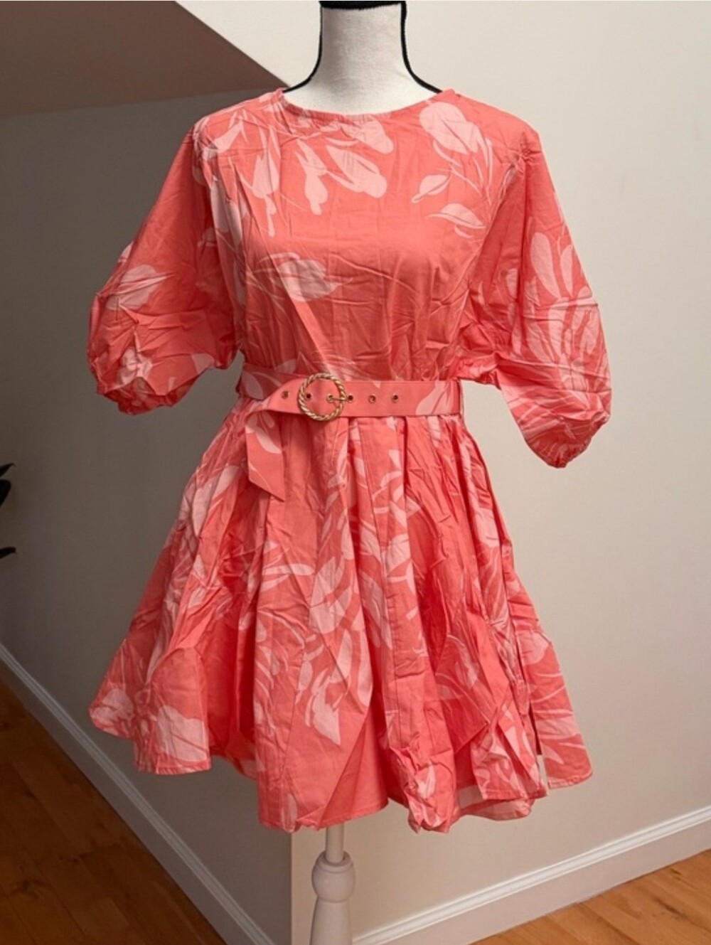 Coral Pink Floral Fit-and-Flare Dress with Belt